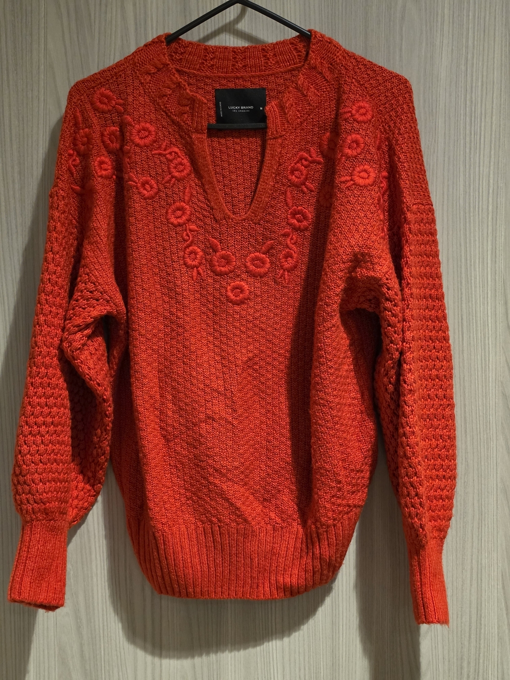 Lucky Brand Bright Red Floral Embroidered V-Neck Sweater